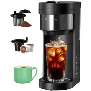 Single Serve Hot & Iced Coffee Maker, for K Cup Pod and Grounds, 6 to 24oz Brew Size, Slim Compact for Small Spaces, Descaling Reminder, with Reusable Filters, Black