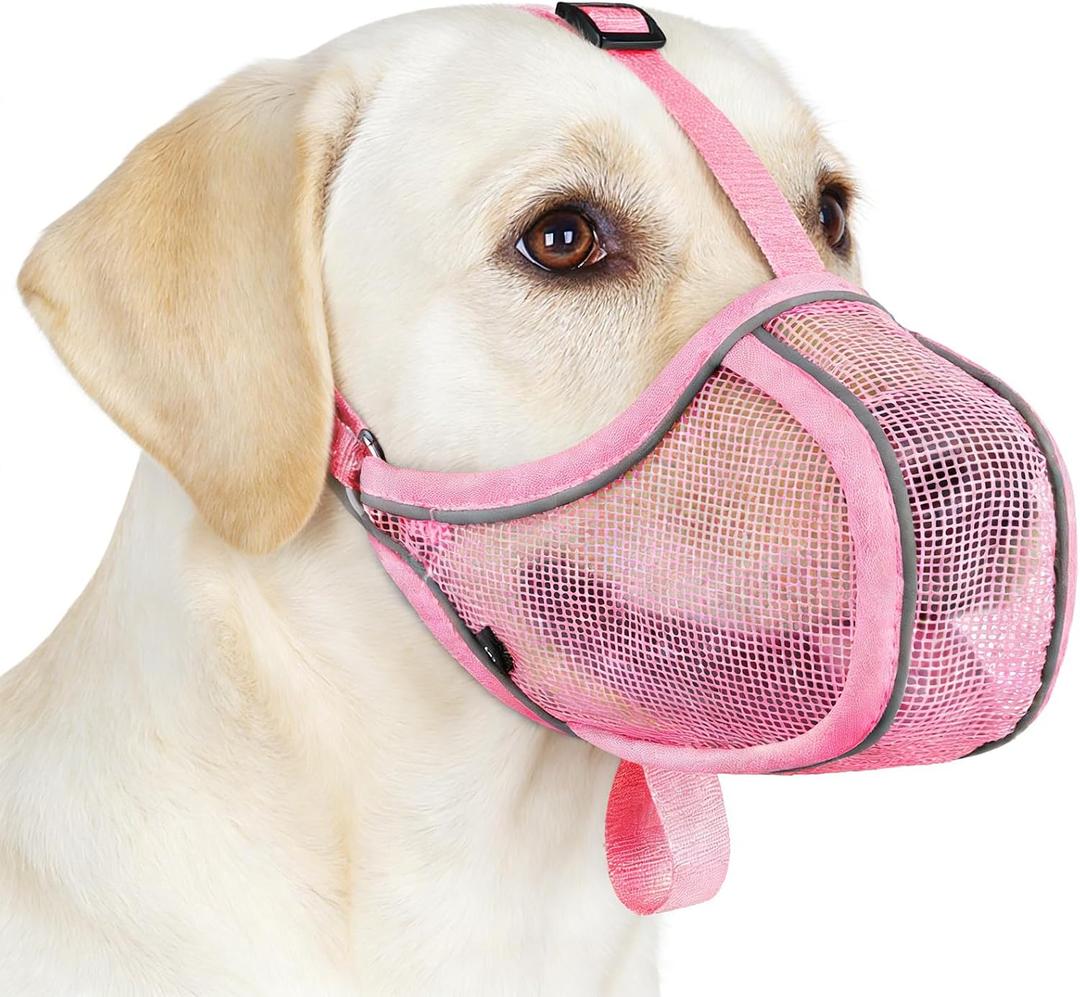 Mayerzon Dog Muzzle to Prevent Biting Scavenging Chewing, Soft Mesh Puppy Muzzles for Medium Large Sized Dogs, Breathable, Reflective, Adjustable Mouth Guard for Grooming Walking Training (M, Pink)