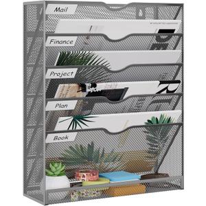 EasyPAG Mesh Wall Hanging File Organizer 5 Tier Letter-sized Desk/Wall Mount File Holder Mail Organizer for Office Home and Classroom, Silver
