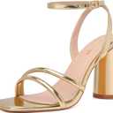 RIBONGZ Block Heels Prom Heeled Sandals for Women Chunky Square Open Toe Strappy High Heels Ankle Strap Wedding Bridal Shoes High Heel Sandals for Party Dress (8.5, Gold)