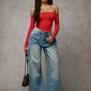 HYZ Women's Sexy Off The Shoulder Long Sleeve Backless Basic Going Out Thong Bodysuit Tops (Red)