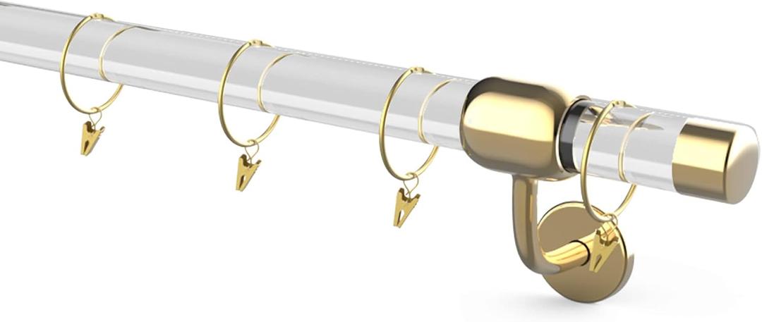 8FT acrylic curtain rod set for 96"windows, 1 1/2" diameter clear acrylic curtain rod with twenty curtain rings. Three gold yellow wall mounted brackets. Modern & clear look.