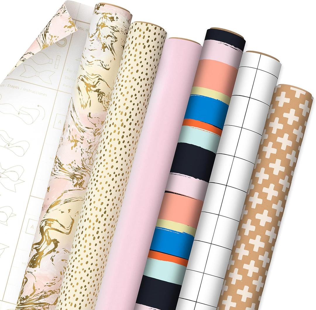 Hallmark Wrapping Paper with Cutlines on Reverse (6 Rolls: 135 Square Feet Total) Pink, Gold, Stripes, Kraft Brown, Black and White Plaid for Birthdays, Baby Showers, Bridal Showers
