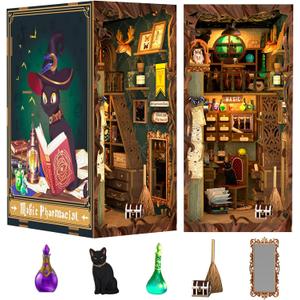 Fsolis Book Nook Kit, DIY Miniature Dollhouse Kit, 3D Wooden Puzzle for Adults, 282 Pieces, Bookshelf Decor Tiny House Mini Booknook Craft, Gifts for Women Teens and Puzzle Lovers (Magic Pharmacist)