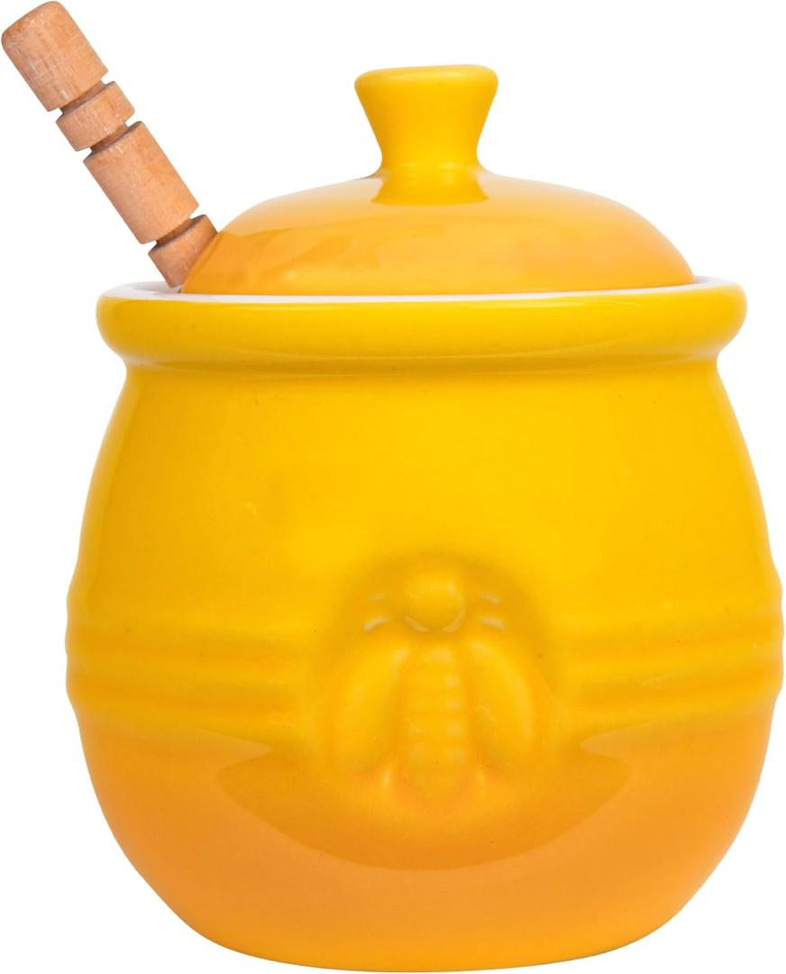 Creative Co-Op Yellow Stoneware Honey Pot with Lid & Wood Honey Dipper (3. 5Lx3. 5Wx4. 25H inches)