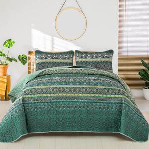 WONGS BEDDING Boho Quilt King Size, Green Bohemian King Quilt, Lightweight Microfiber Bed Decor Bedspread for All Season 103"x90"(3 Pieces)