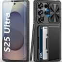 BXYJY for Samsung Galaxy S25 Ultra Case with Tempered Glass Screen Protector, Wallet Card Holder (4-5 Card), Slide Camera Cover, Military Grade Protection, Heavy Duty Case for Samsung S25 Ultra, Black