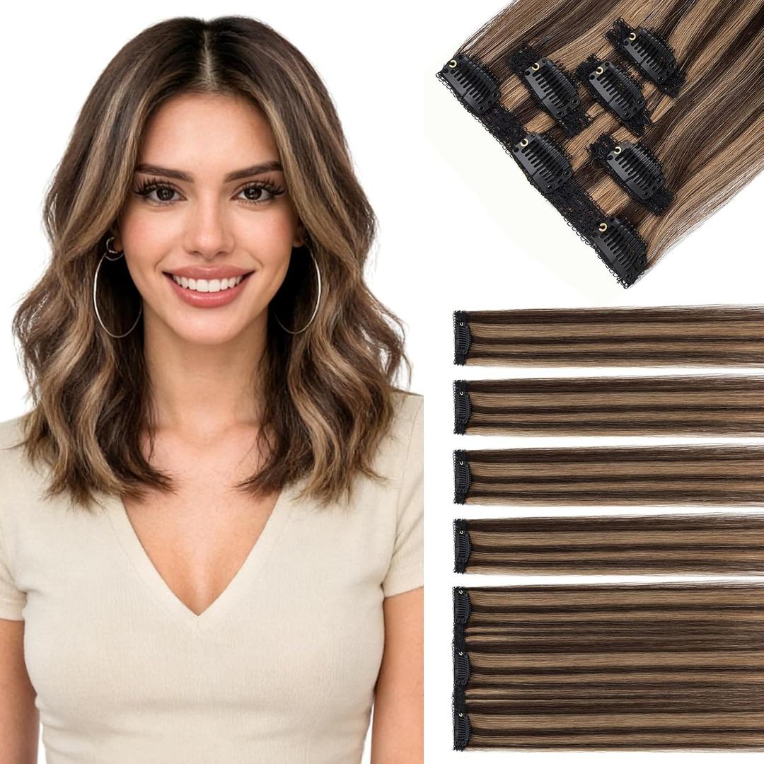 Hairro 5PCS 7 Clips In Human Hair Extensions Clip on Hairpieces For Short Bob Hair Highlight Small Clip Ins 36g 10 Inch #2RP6 Dark Brown Mix Light Brown