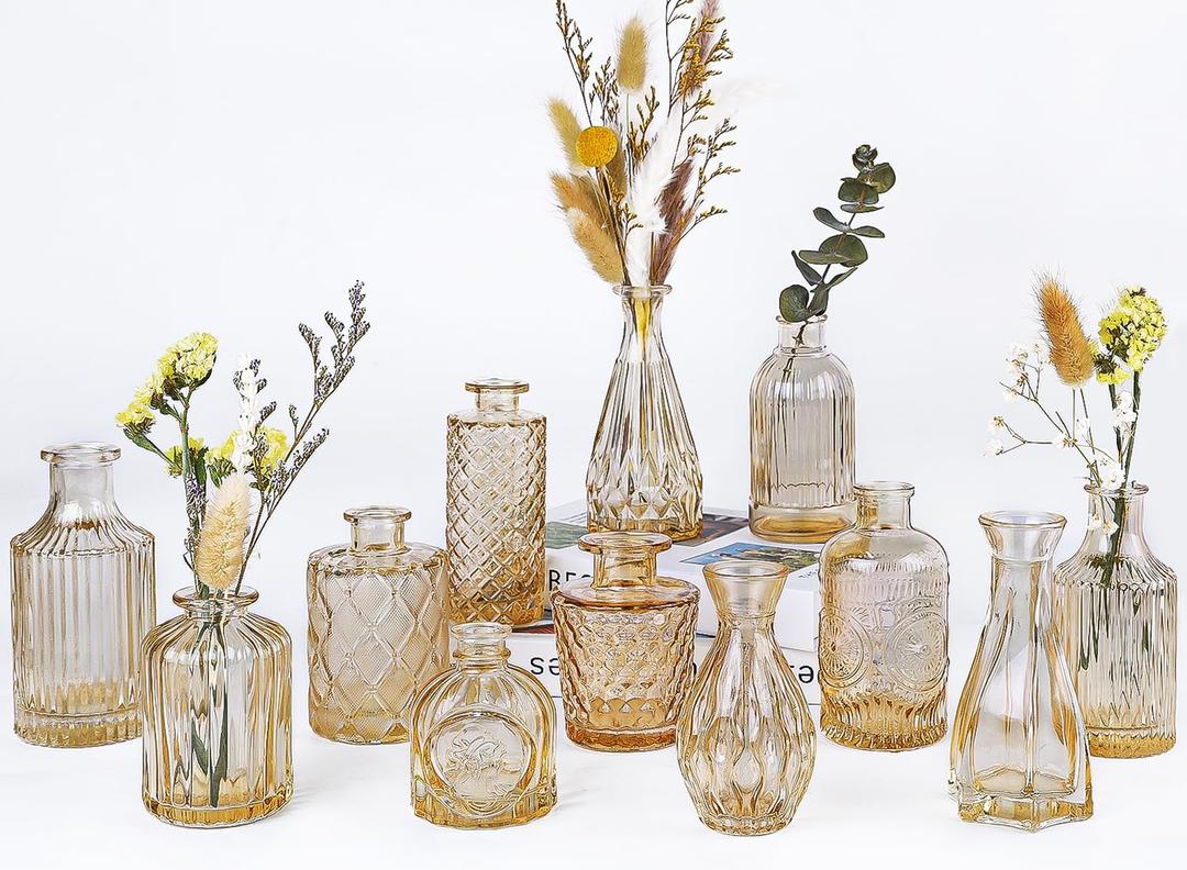 Amber Glass Bud Vases Set of 12, Gold Mini Flower Vase for Centerpieces, Small Vases in Bulk for Wedding Decorations, Vintage Vase for Table, Recepetion, Home Dcor