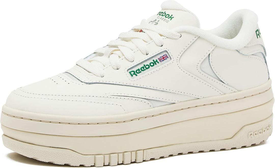 Reebok Club C Extra Platform Sneakers for Women, White Casual Tennis Women's Fashion Sneakers, Womens Shoes Size 5 to 11, Chalk/ Chalk/ Glen Green, 10 Medium