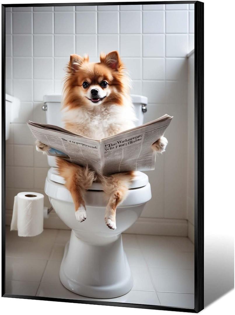 Cute Pomeranian sitting on toilet and reading newspaper Animal picture wall decor Dog canvas wall art Funny bathroom decor wall art Stylish wall decor Animal wall art Bathroom wall decor (8x12inch Black Metal Framed, Gustave16)