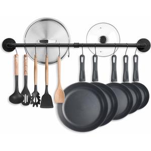 38.5 inch Pot Rack Wall Mounted Detachable Pan Rack Organizer Industrial Pipe Hanging Rail Lids Utensils Hanger Holder for Kitchen with 10 S Hooks, Black (38.5 Inches)