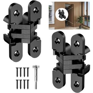 Invisible Hinges for Cabinet Doors, 180 Degree Hidden Door Hinges 0.75 * 3.74Inch 2PCS - Zinc Alloy Concealed Cross Hinges in Black for Kitchen Cabinets from Door Thick(1-3/16"~1-9/16")