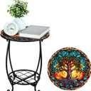 Cinnvoice Outdoor Side Table Round Small Mosaic Patio Accent Indoor End Plant Coffee Tea Table for Yard Patio Porch Garden Living Room, Bedroom(Tree Style,14 Inch)