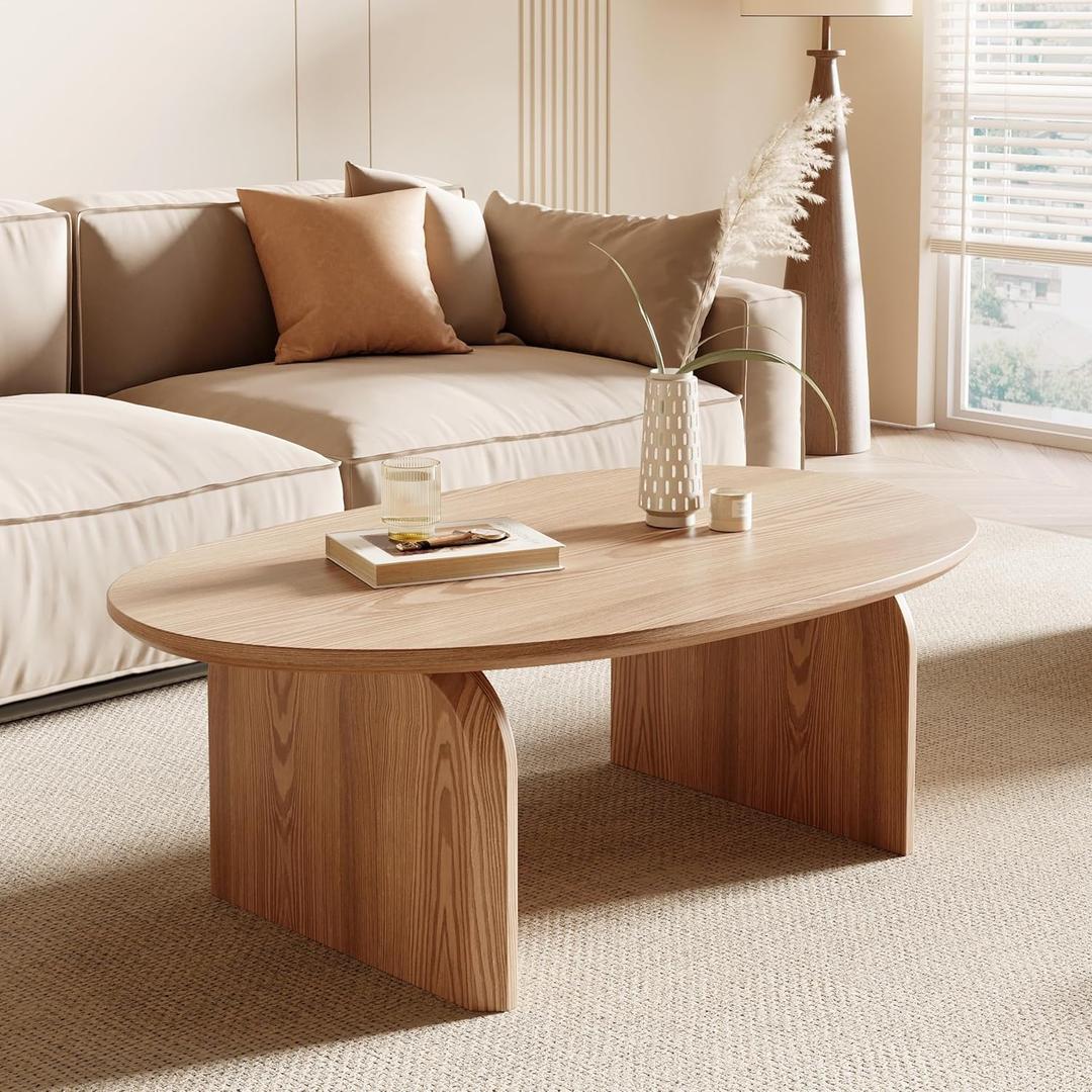 Honyee Modern Oval Coffee Table, Small Coffee Tables for Living Room - Oak Wood Top with Solid Legs, Wooden Center Table Easy Assembly for Living Room &Bedroom,Office, Natural, 39.3 inches x 23.6 inches x 16.5 inches