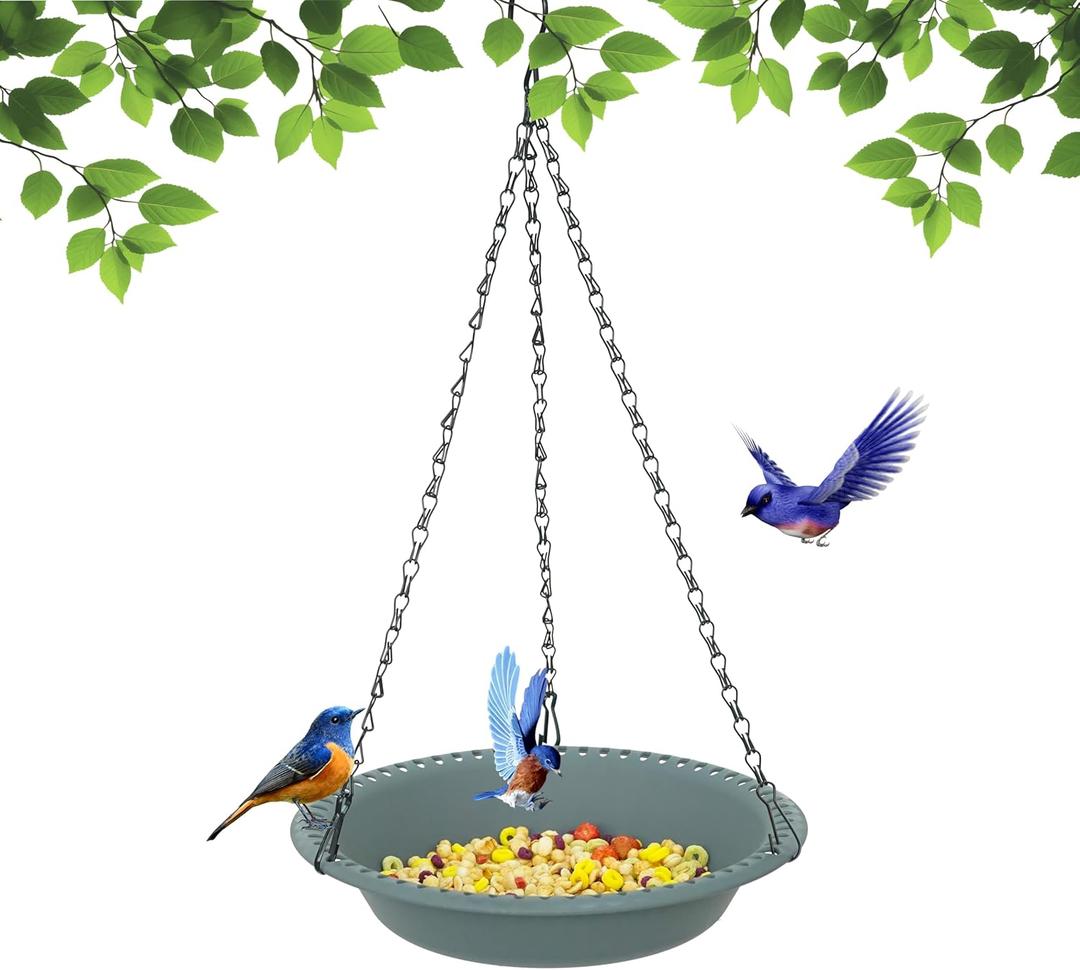 Hanging Bird Feeder, Hanging Bird Feeder Tray 10 inch for Attracting Birds, Birdfeeder Hanging for Garden Yard Outside, Gray