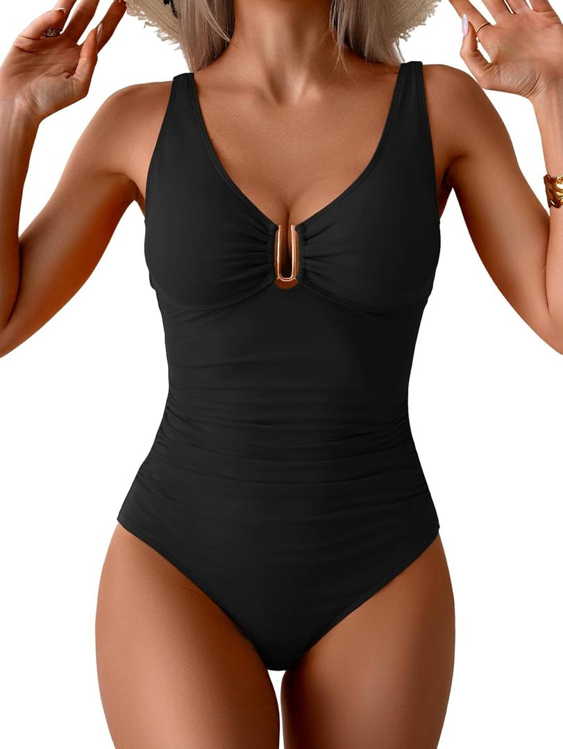 B2prity One Piece Swimsuit for Women Tummy Control Ruched Bathing Suit V Neck Push Up Swimwear (Black, M)