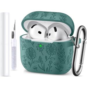 for Airpods 4 Case, DaQin Flower Engraved Case Compatible with Apple Airpods 4th Generation Cases for Women, Cute Soft Silicone Full Protective Cases Cover with Cleaner Kit & Keychain, Pine Green