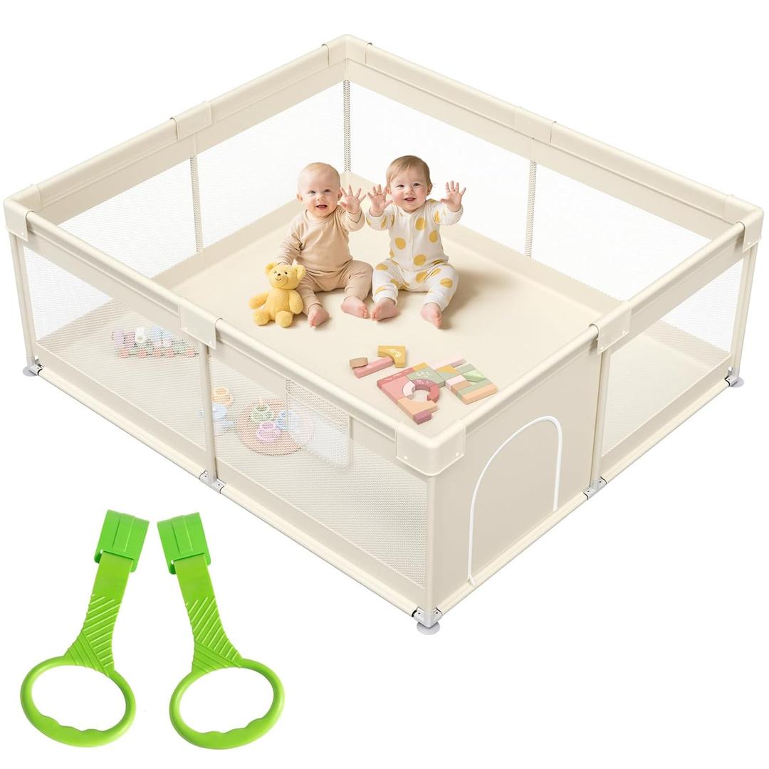 Mloong Large Baby Playpen for Toddler - 69×59in Baby Playpen Kids Playard with Storage Bag Play Pen Active Center Beige