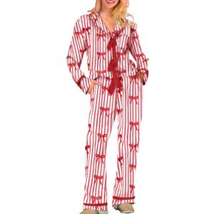 Bow Pajamas Set for Women Cute Bow Tie Long Sleeve Shirt Pants Satin Silk Heart 2 Piece Pjs Set Sleepwear (Small)