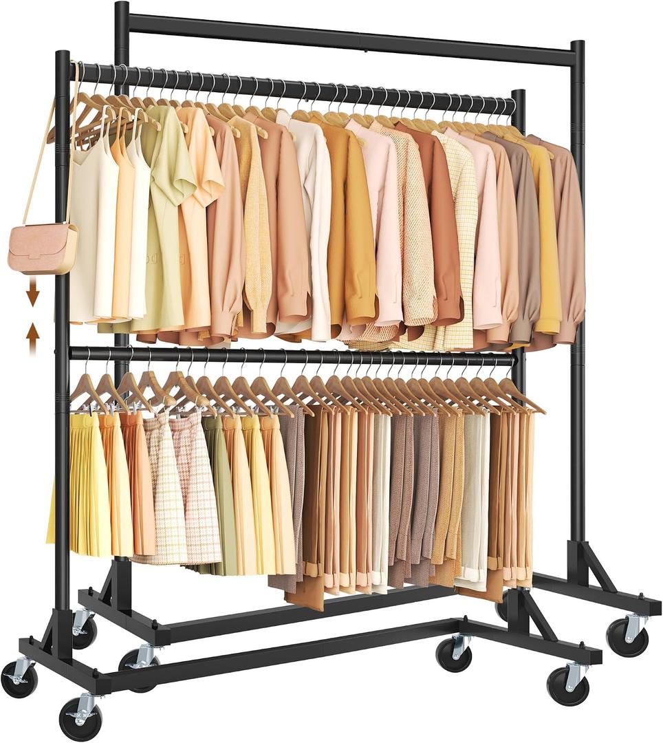 Hoctieon Double Rod Z Rack,Rolling Clothes Racks with Z-Base, Adjustable Clothing Rack, Standing Clothes Rack, Metal Clothing Racks for Hanging Clothes, Portable Garment Rack,Set of 2,Black