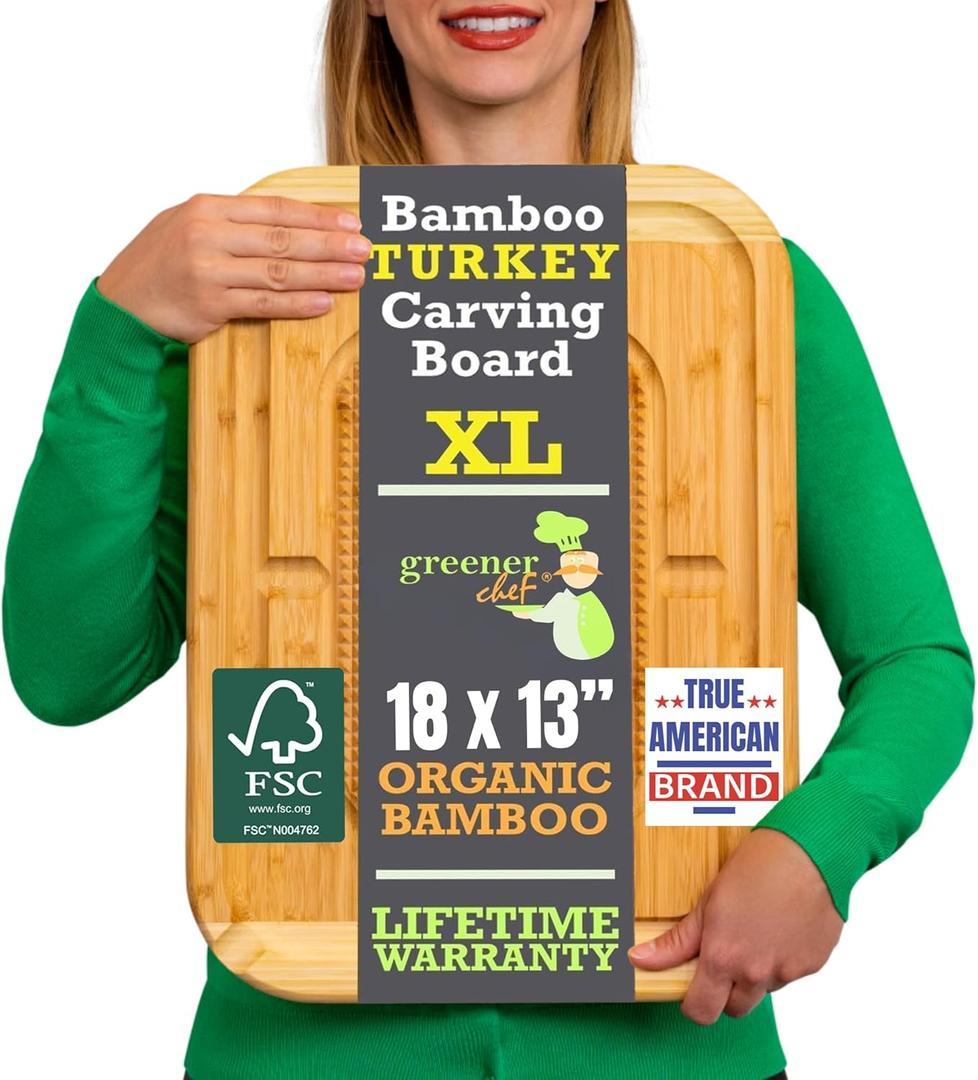 GREENER CHEF 18 Inch Extra Large Organic Turkey Carving Board with Lifetime Replacements - XL Wooden Butcher Block Meat Cutting Board with Pour Spout