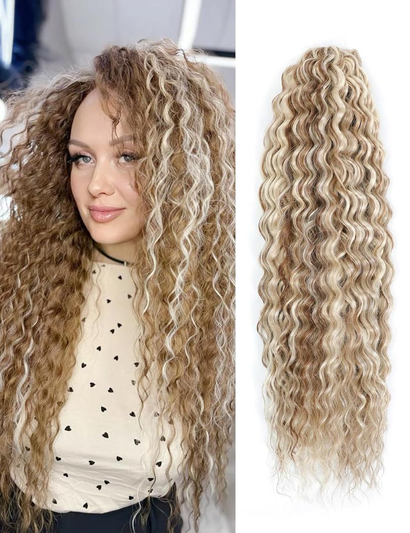 20 Inch Curly Braiding Hair 300g,Ocean Wave Crochet Hair Extensions for Women,Long Synthetic Loose Deep Wave Wavy Twist Hair for Boho Braids(Beige Blonde mix Lvory Blonde Highlights)