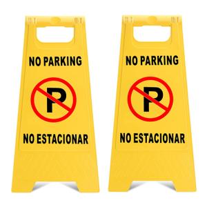 Outdoor No Parking Signs 2 Pack, Two-Sided Folding Floor Sign with Symbol, Includes English & Spanish No Estacionar Message, Yellow Portable Folding No Parking Sign for Business Lots