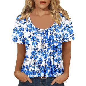 onlypuff Womens Flowy Tunic Tops Short Sleeve Shirts Round Neck Ladies Blouses Summer Fashon Trendy Top (Blue, M)
