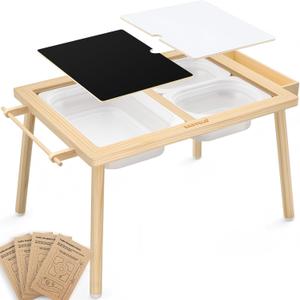 Easyego Wooden Sensory Table  Multifunctional Sand & Water Table with Double-Sided Lid, Paper Roll, Storage Box, Transparent & Game Board, and Foldable Bins for Kids' Indoor & Outdoor Play (Upgraded - Three Bins, Natural Color)