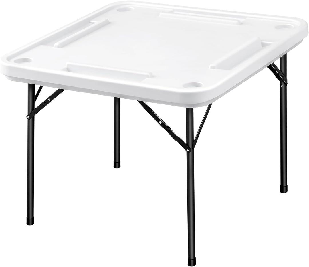 Plastic Domino Game Table Folding Card Game Table with Cup Holders and Card Holder Anti Scratch and Water Portable Board Game Domino Table for Mahjong Poker Domino Game (White)