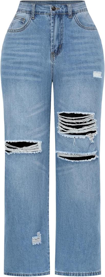 THUNDER STAR Womens High Waisted Wide Leg Jeans Stretchy Distressed Denim Pants Light Blue M
