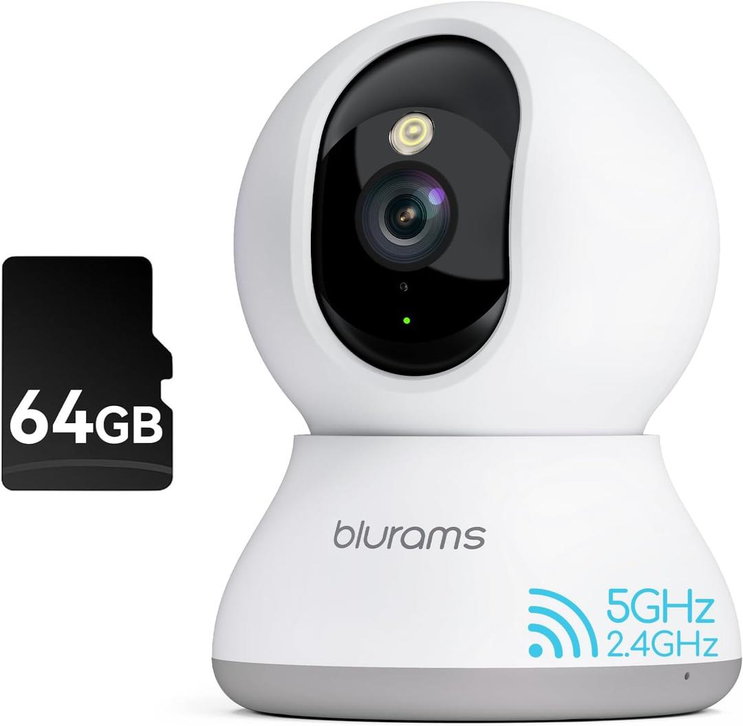 Blurams Security Camera 2K, Baby Monitor Dog Camera 360-degree for Home Security (White + 64GB TF Card)