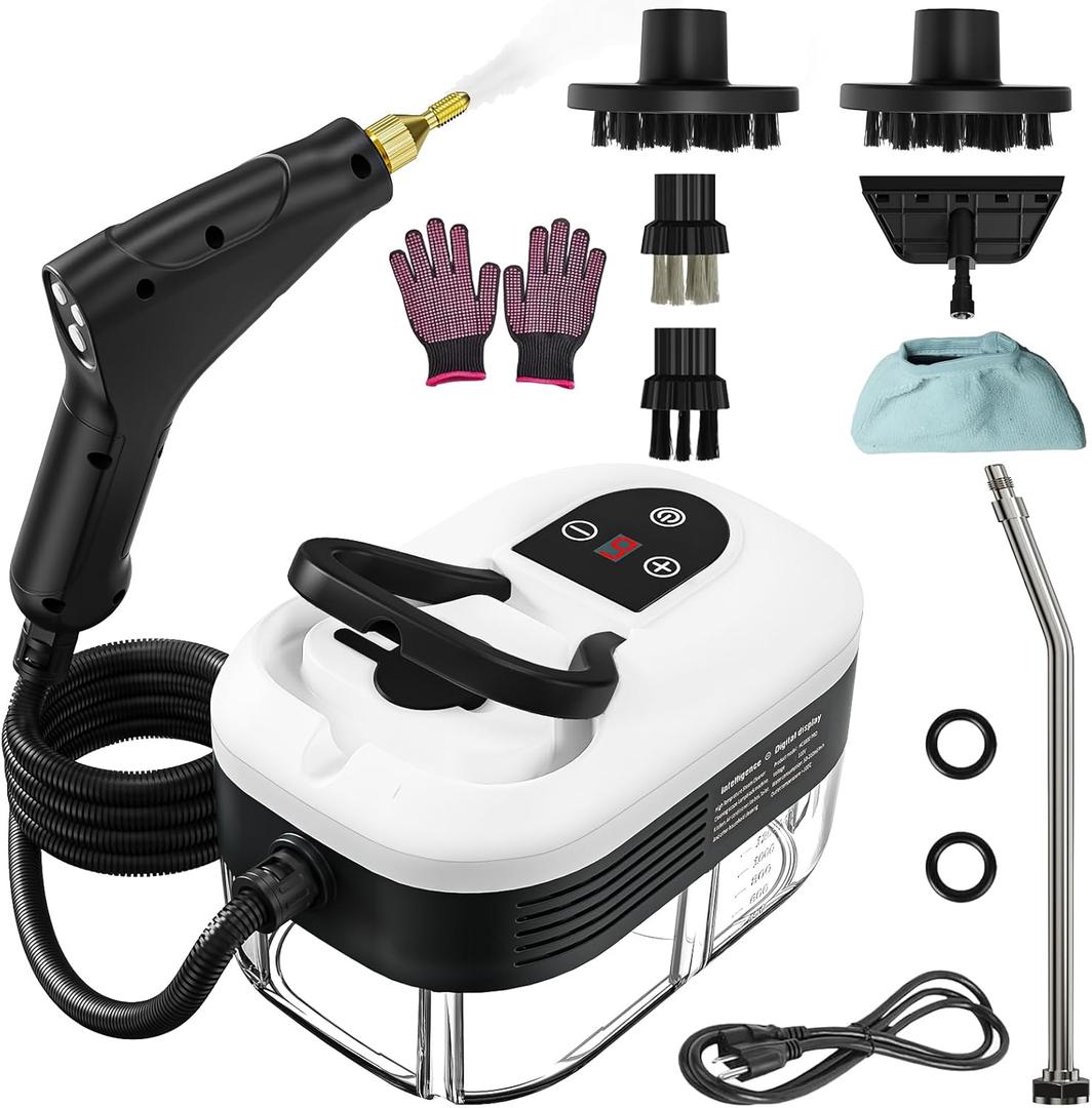 Portable Steam Cleaner, 2500W Pressurized Handheld Steam Cleaner with 1.2L Water Tank, 6 Levels Steam Output, 15s Fast Heating Steamer for Cleaning Home Furniture, Bathroom, Car Detailing (White)