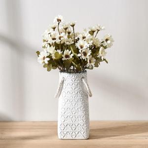 Vaseking Elegant White Petite Vase, 7 inch Ceramic Modern Minimalism Geometric Texture Purse Vase with Hanging Rope, Creative Tote Bag Vases for Home Decor, Living Room, Wedding, Bookshelf Decor