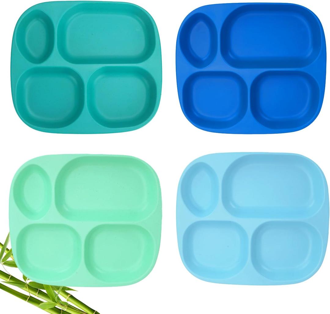 shopwithgreen Bamboo Divided Plates for Kids Adults - Dinnerware Set for Toddlers Kids Children Baby, Toddler Dinner Plates, BPA Free, Stackable, Dishwasher Safe, 9.4 inch, Set of 4 (Blue)