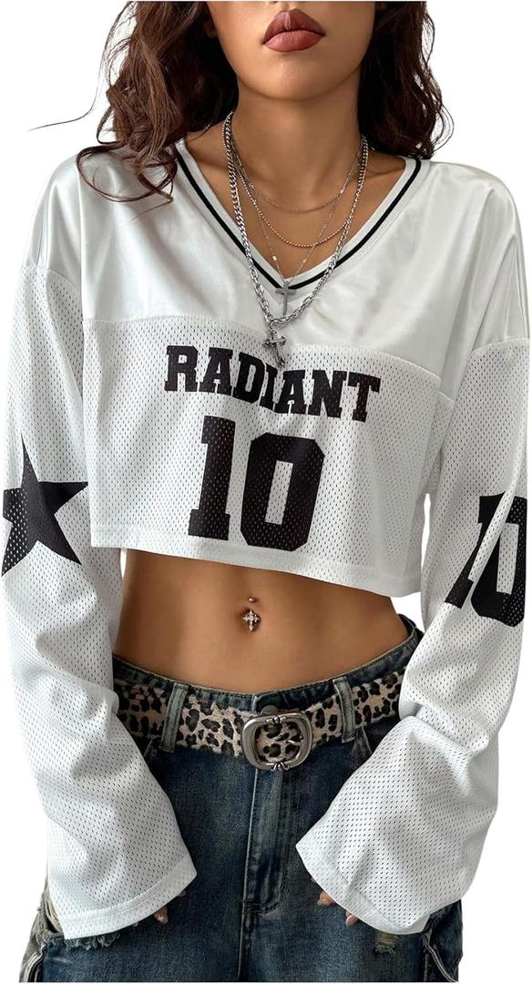 GORGLITTER Women's Number Graphic Jersey Shirts Y2k 90s Crop Top Mesh Long Sleeve Striped V Neck T Shirt