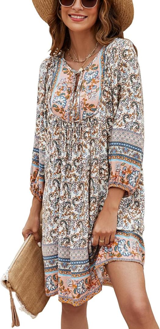 Bluetime Women Casual Summer Dress Boho V Neck 3/4 Sleeve Babydoll Floral Print Flowy Beach Dress, Size XL