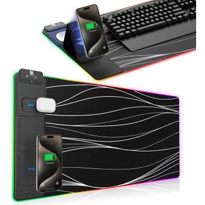 XXL Mouse Pad with Foldable Phone Holder - Black, RGB Desk Mat with 15W Fast Charging, LED Gaming Mousepad with 11 Light Colors, Waterproof Non-Slip Pad (Stand XXL RGB Wavy)