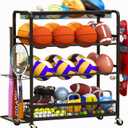 Basketball Hoop,Wheeled Sports Ball Storage Rack,Double-Row Basketball Hoop Holds 16+ Balls,Ball Storage Rack with Baseball Bat Holder and Hooks,Stores Basketballs,Soccer Balls,Footballs,etc.-Black