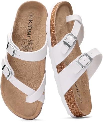 KIDMI Women's Cork Footbed Sandals with Toe Loop, Comfortable Summer Slip-On Slides with Adjustable Buckle Size 40