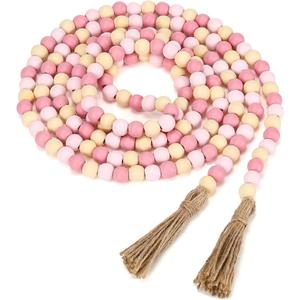 Valentine’s Day Wood Bead Garland Decor, 9.8FT Boho Farmhouse Wooden Beads with Tassels, Neutral Pink Rustic Beaded Garland for Mantel, Tiered Tray, Entryway Shelf(Pink)