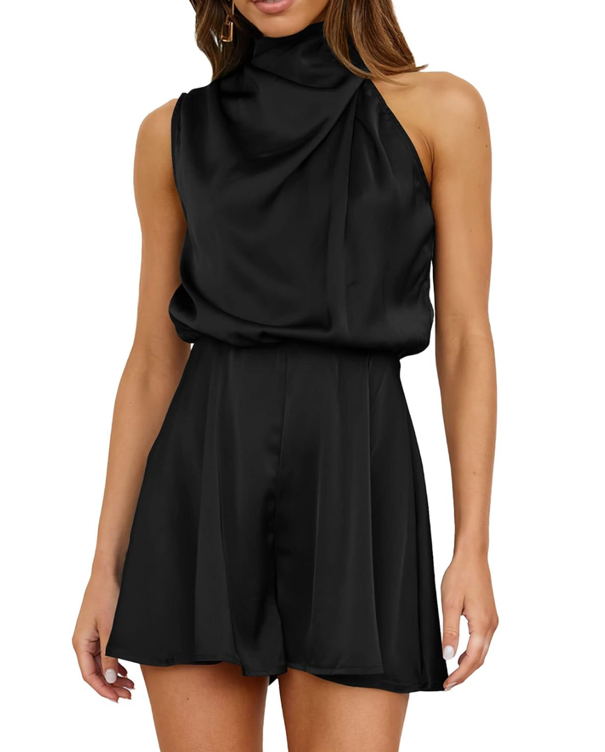 BTFBM Women Mock Neck Summer Romper 2025 Spring Beach Vacation Clothes Sleeveless Elastic Waist Satin Shorts Jumpsuit, XL