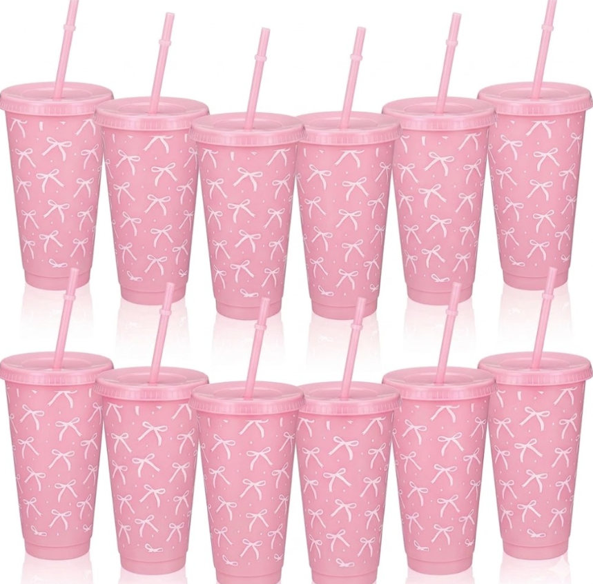 20 Pcs 24 OZ Pink Bow Plastic Cups Bulk Drinking Cups with Straw and Lid for Summer Women Office Cold Drink Wedding Birthday Party Supply New Year Gifts