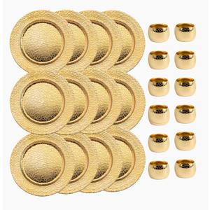 13 Inch Round Elegant Serve ware Charger Plates with Matching Napkin Rings, Wedding, Dinner party, Event - Choose from our Variety of Styles and Quantities (12, Cracked Gold)
