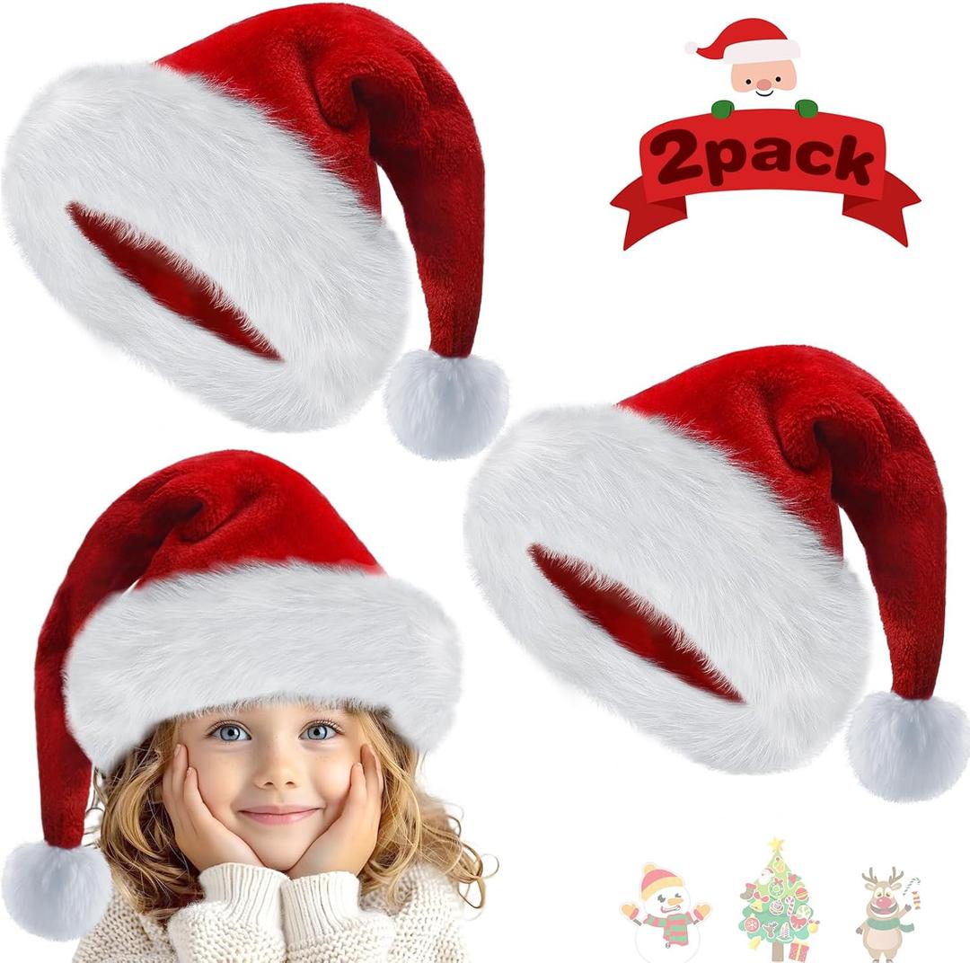 Pack Of 2 Zaffaella Christmas Hat, Santa Hat for Kids, Unisex Velvet Comfort Extra Thicken Xmas Hat for children Christmas New Year Party