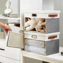 Fabric Clear Window Storage Bins with Lid, Closet Storage Box Linen Closet Baskets with 3 Handles for Organizing Clothing, Jeans, Shelves 15''- 3 Pack (Gray and White)