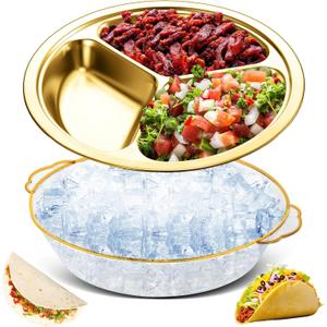 Baderke 1 Set 10" Taco Tuesday Divided Serving Platter Taco Bar Serving Set for a Party, Chip and Dip Tray Sets for Party, Appetizer Tray for Salsa, Snacks(Gold)