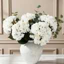 Real Touch White Faux Hydrangea And Eucalyptus Arrangement, Faux Floral Arrangements, Hyper Realistic Artificial Flowers, White Centerpieces For Kitchen Dining Coffee Table Decor, 5 Heads + Greenery