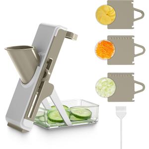 Eletronova Safe Mandoline Slicer for Kitchen, Vegetable Slicer with Container, French Fry Cutter, All in 1 Julienne Slicer for Potato, Thickness Adjustable, Detachable Blade (White Light Gray)